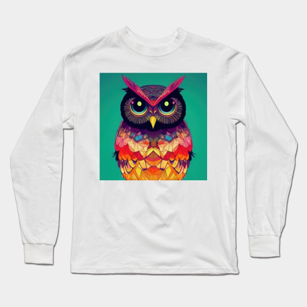 Colorful Owl Portrait Illustration - Bright Vibrant Colors Kawaii Bohemian Style Feathers Psychedelic Bird Animal Rainbow Colored Art Long Sleeve T-Shirt by JensenArtCo